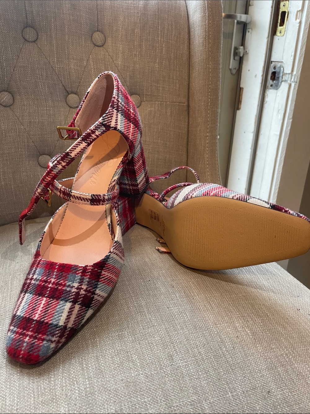 JCrew Plaid Red Multi Ankle-Strap Women’s Block Heels - Picture 2 of 7
